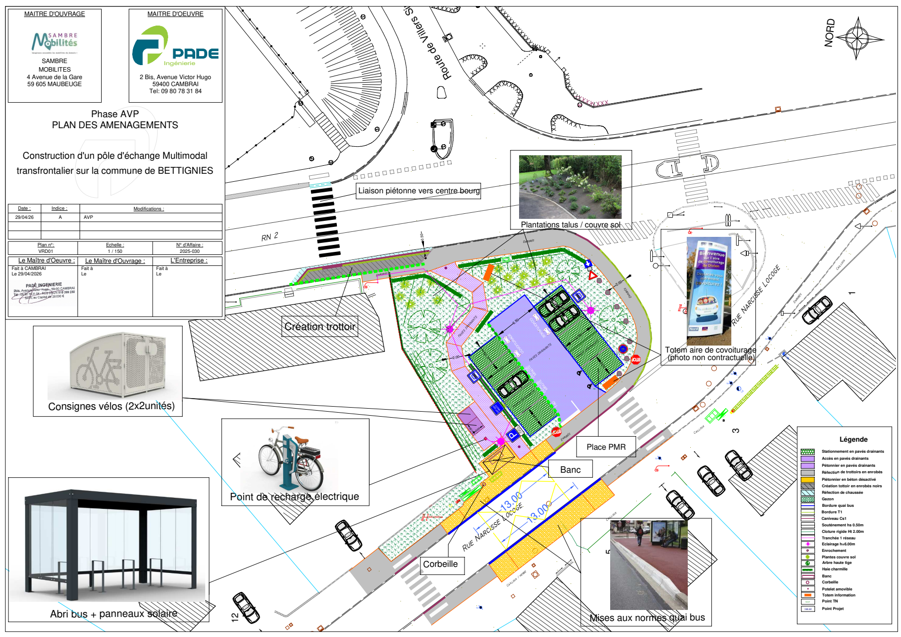 Plan du futur pôle de Bettignies, avec les arrêts de bus, les stationnements et les cheminements piétons.